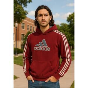 adidas Men's Maroon Logo Hoodie with Stripe Sleeves